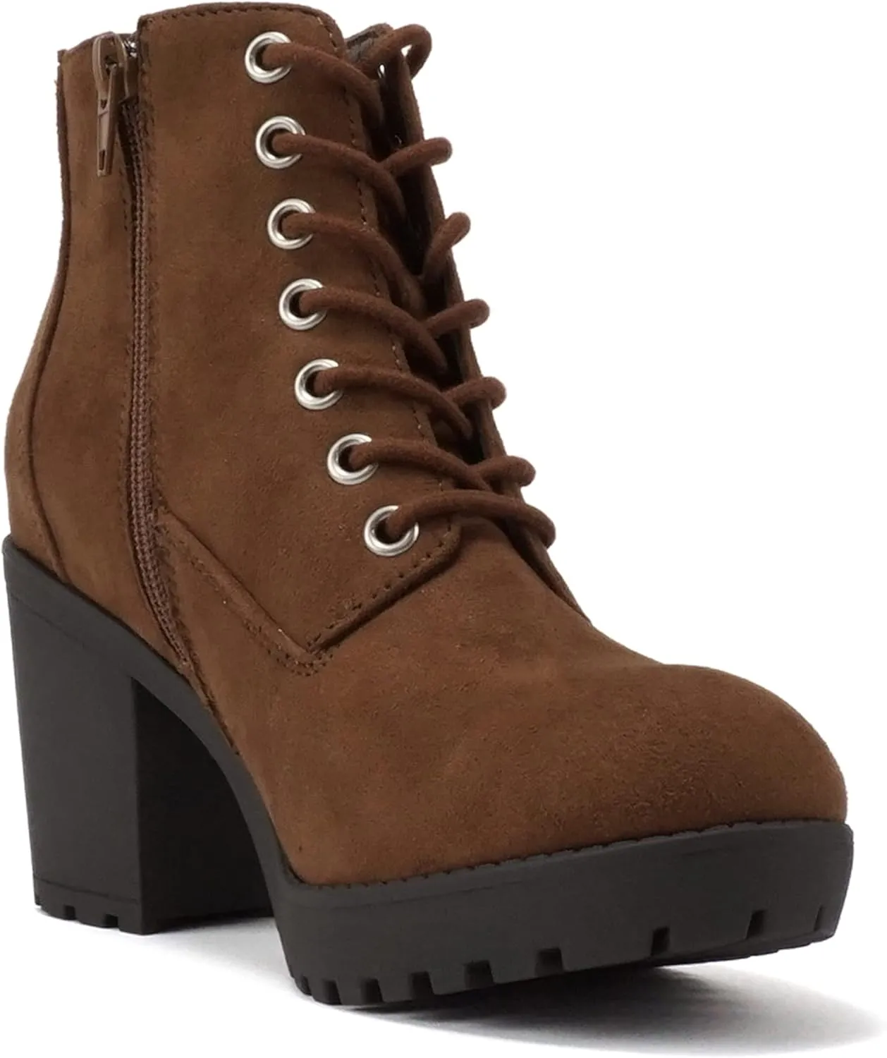Soda Second Lug Sole Chunky Heel Combat Ankle Bootie Lace up w/Side Zipper