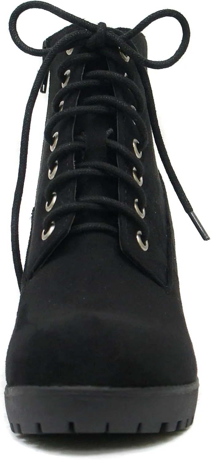 Soda Second Lug Sole Chunky Heel Combat Ankle Bootie Lace up w/Side Zipper