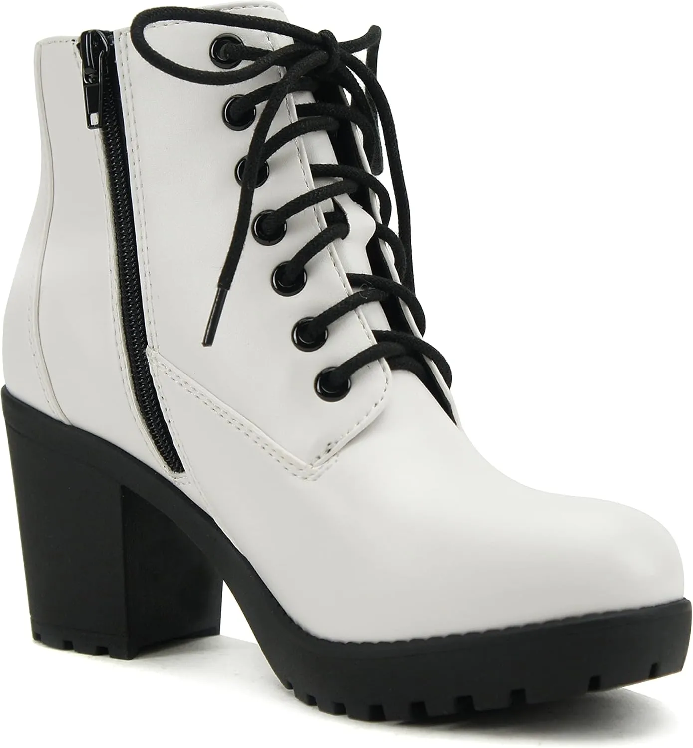 Soda Second Lug Sole Chunky Heel Combat Ankle Bootie Lace up w/Side Zipper