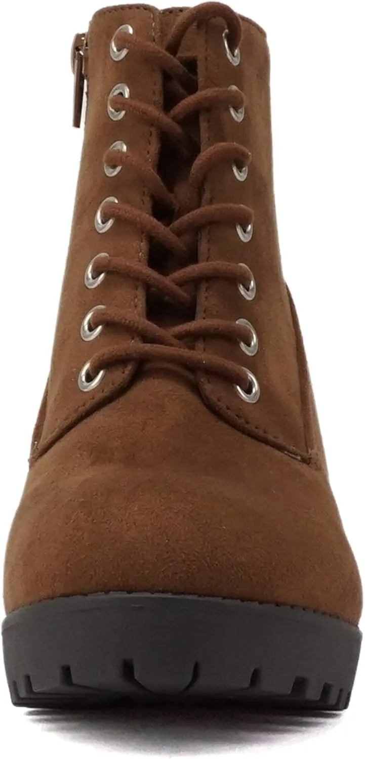 Soda Second Lug Sole Chunky Heel Combat Ankle Bootie Lace up w/Side Zipper