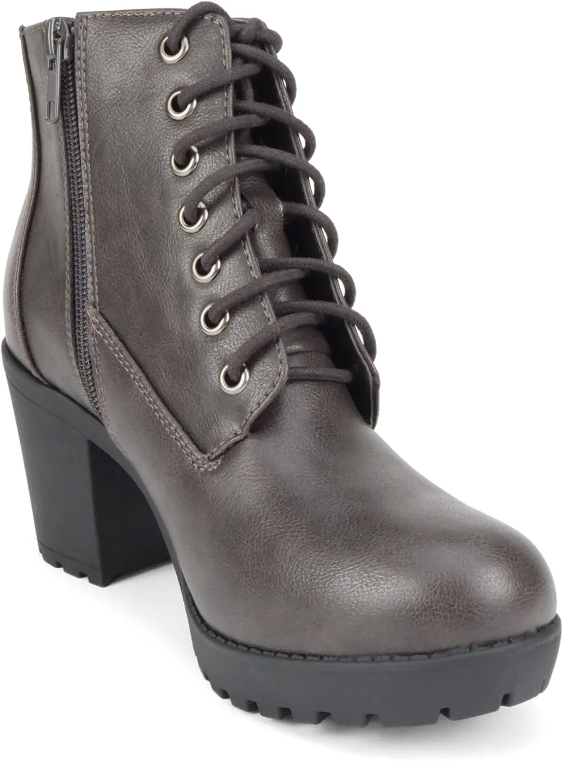 Soda Second Lug Sole Chunky Heel Combat Ankle Bootie Lace up w/Side Zipper