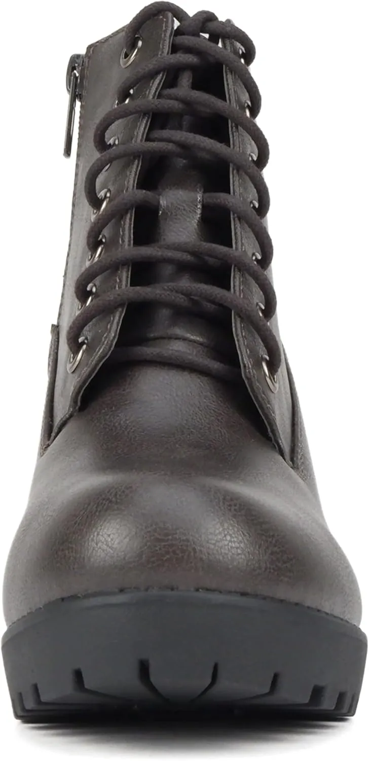 Soda Second Lug Sole Chunky Heel Combat Ankle Bootie Lace up w/Side Zipper