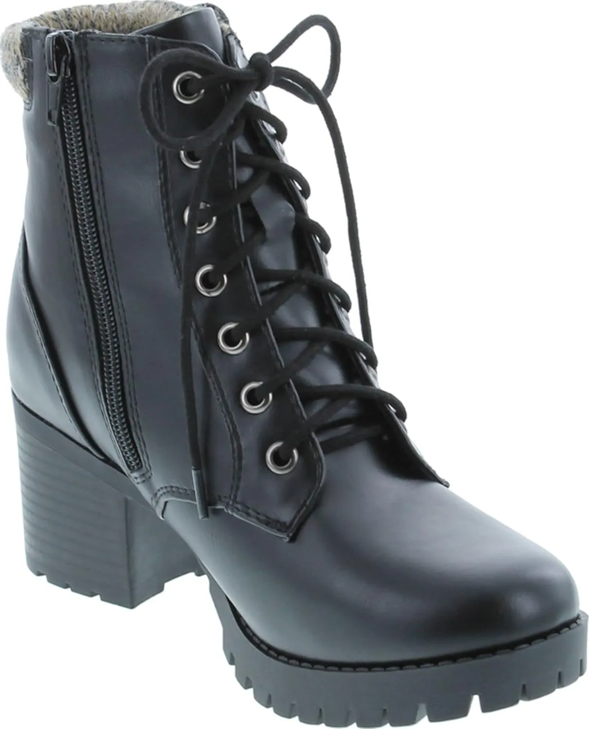 Soda Single Lug Sole Chunky Heel Combat Ankle Boot Lace up w/Side Zipper