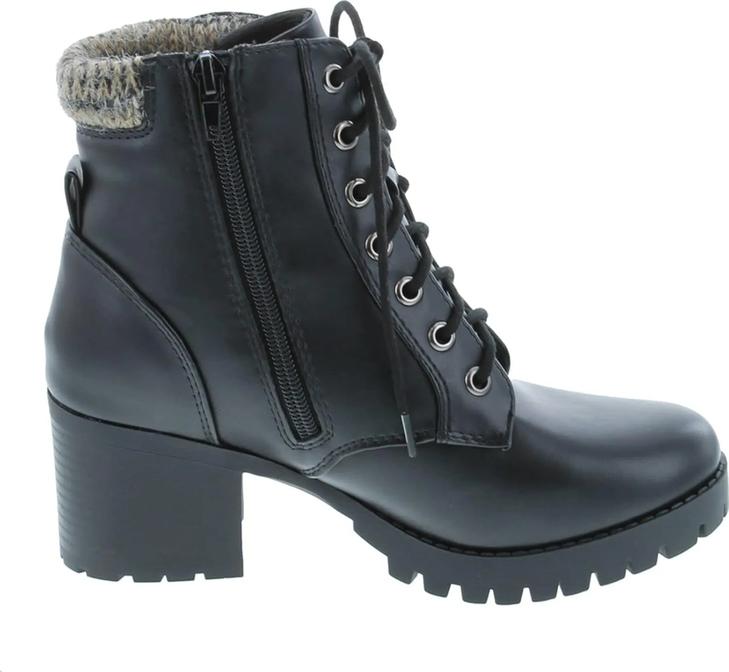 Soda Single Lug Sole Chunky Heel Combat Ankle Boot Lace up w/Side Zipper