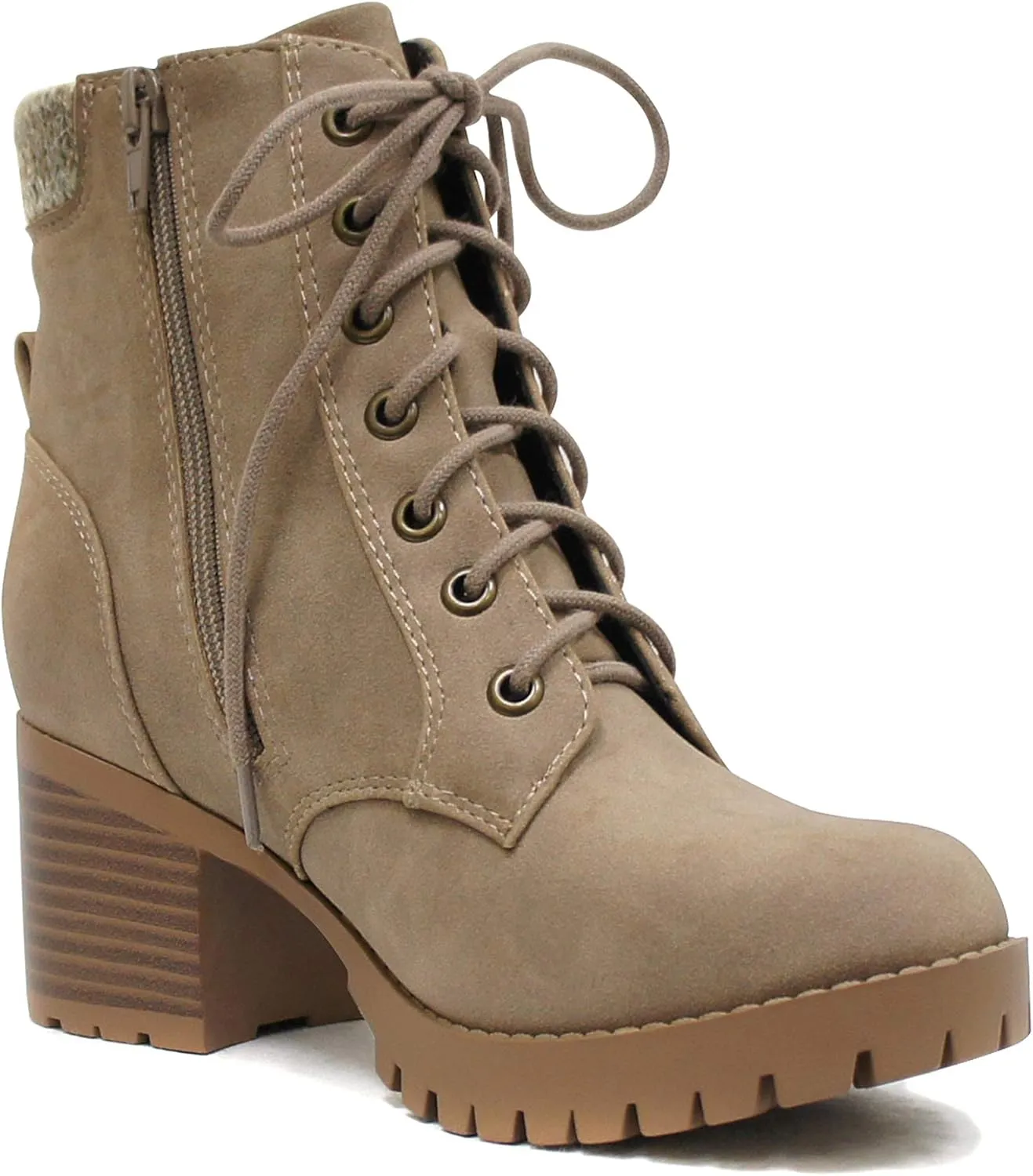 Soda Single Lug Sole Chunky Heel Combat Ankle Boot Lace up w/Side Zipper
