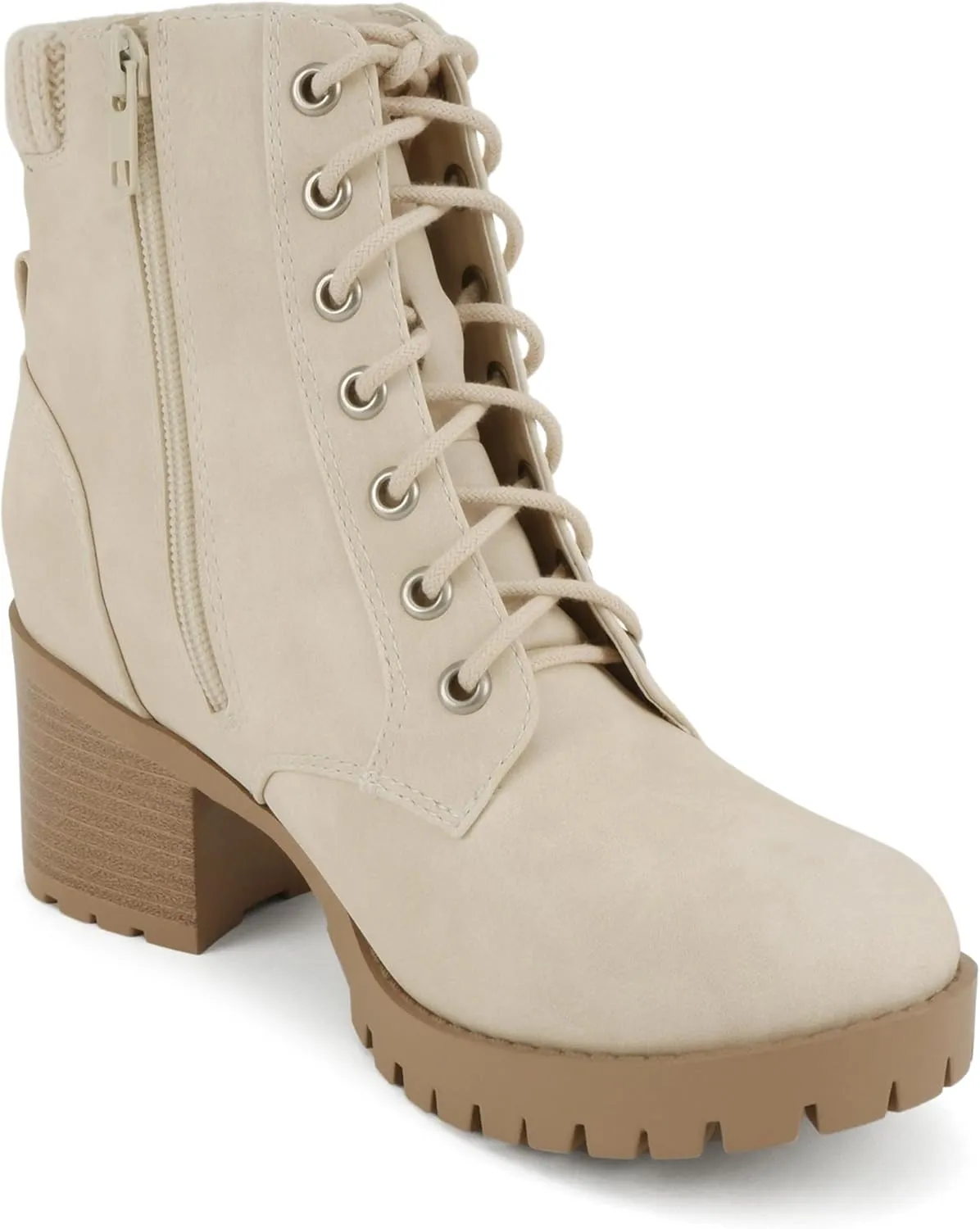 Soda Single Lug Sole Chunky Heel Combat Ankle Boot Lace up w/Side Zipper