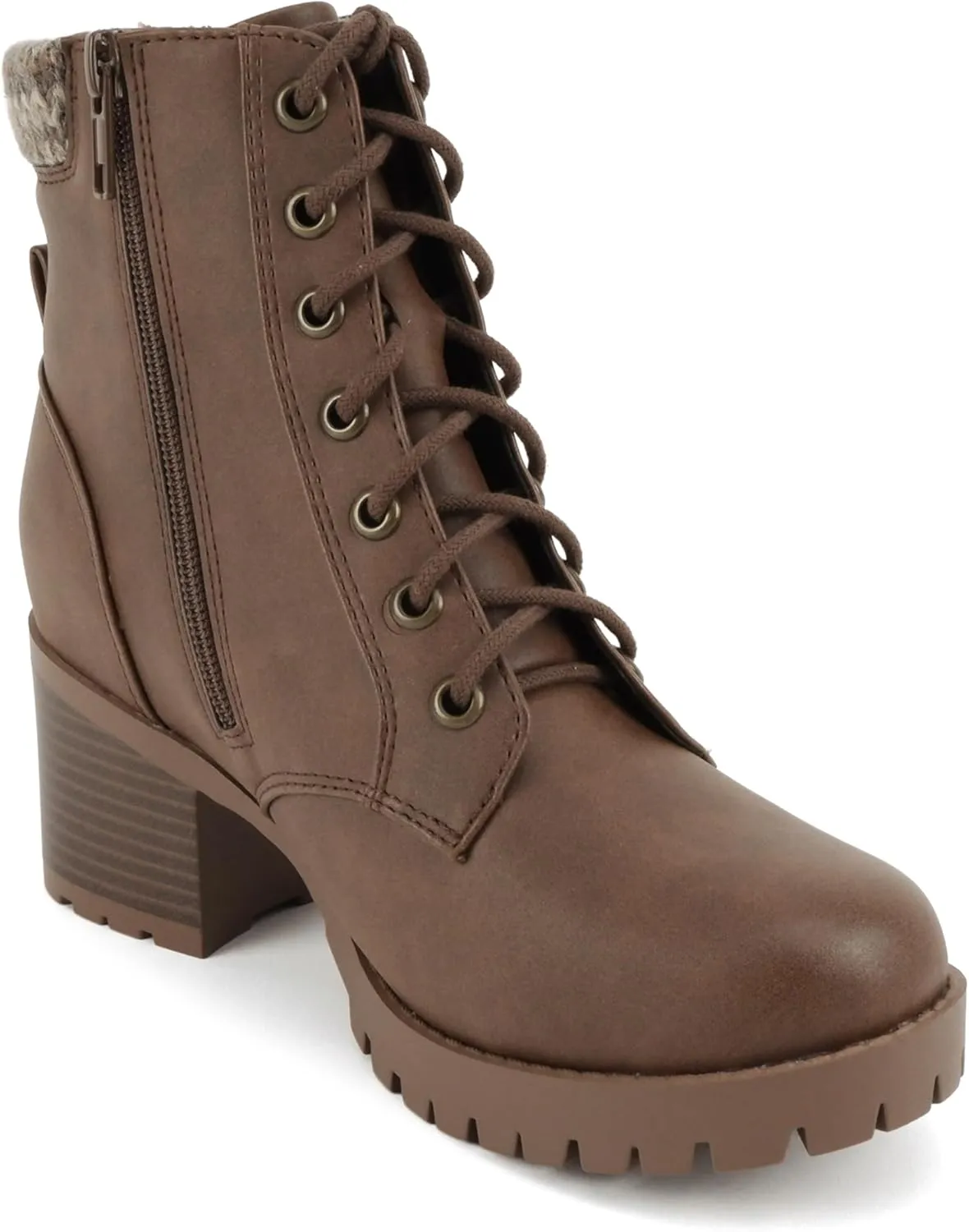 Soda Single Lug Sole Chunky Heel Combat Ankle Boot Lace up w/Side Zipper