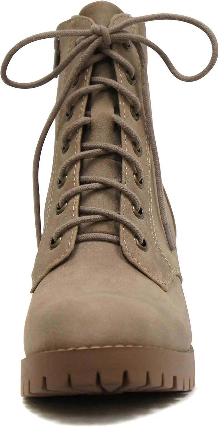 Soda Single Lug Sole Chunky Heel Combat Ankle Boot Lace up w/Side Zipper