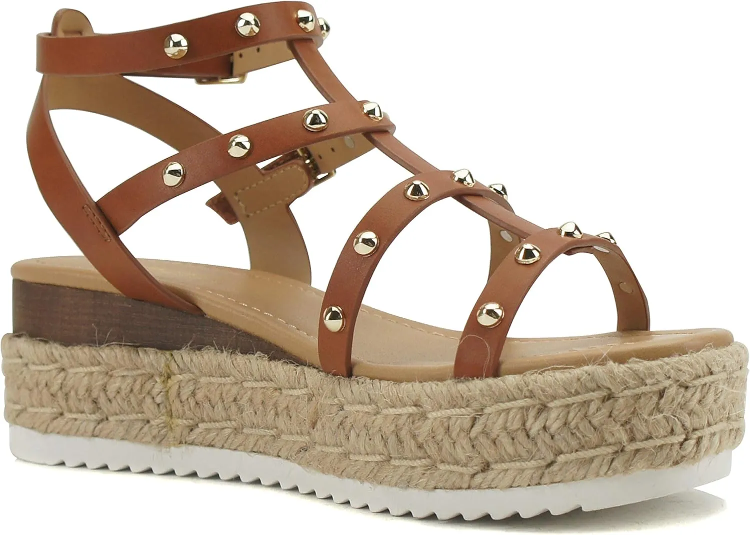 Soda SOMEHOW ~ Women Open Toe Espadrille Wrap Flatform with Round Stud Fisherman Upper Adjustable Buckles Fashion Wedge Sandals