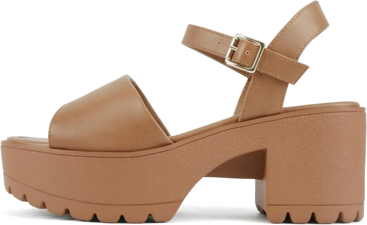 Soda “Stacie” ~ Women Open Toe Lug Sole Mid Block Heeled Sandals with Adjustable Ankle Strap