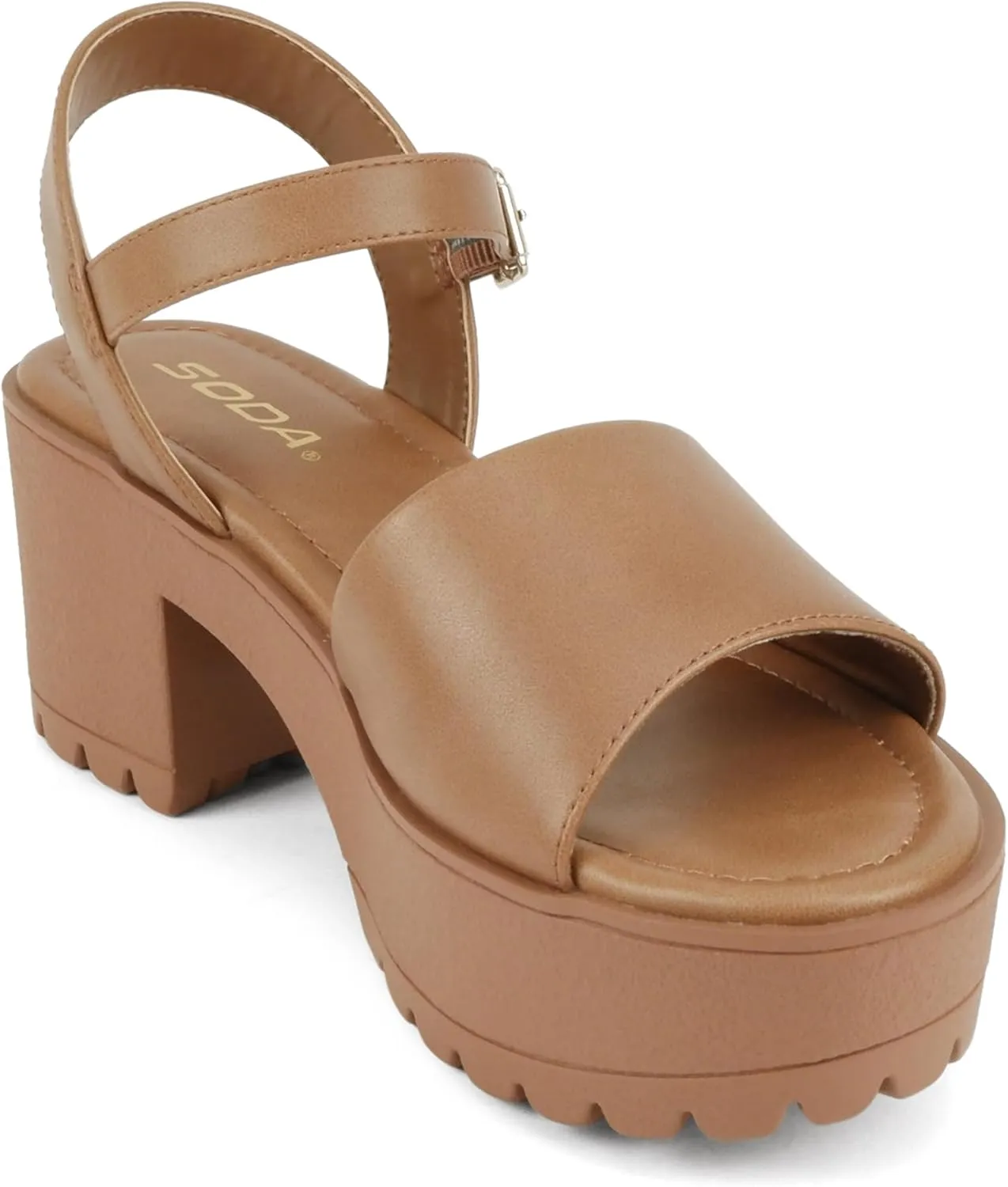 Soda “Stacie” ~ Women Open Toe Lug Sole Mid Block Heeled Sandals with Adjustable Ankle Strap
