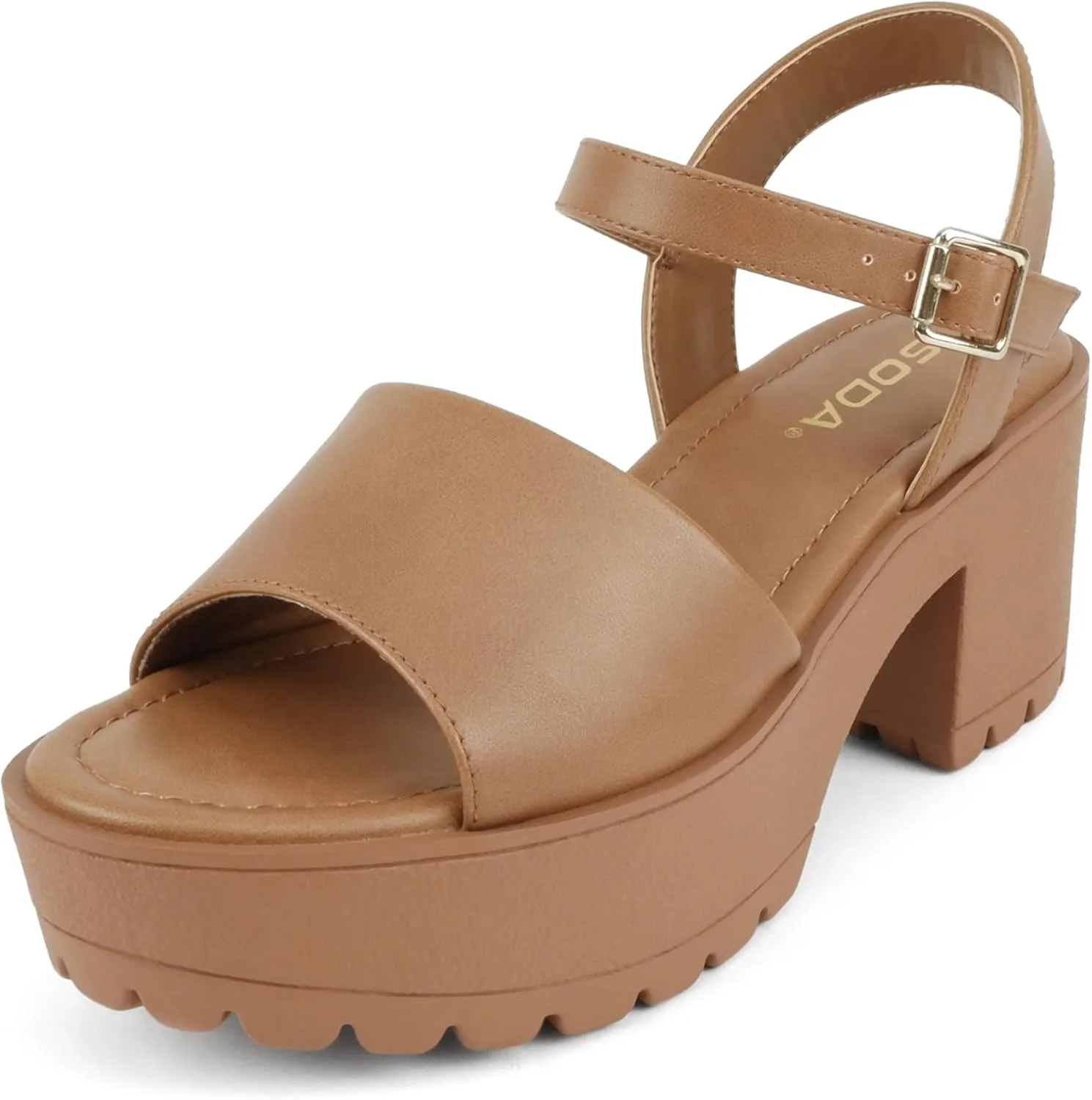 Soda “Stacie” ~ Women Open Toe Lug Sole Mid Block Heeled Sandals with Adjustable Ankle Strap