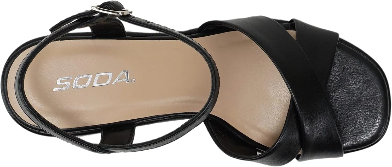 Soda “TECNO” ~ Women Square Toe Crisscross Upper High Heeled Wedge Sandal with Adjustable Ankle Strap