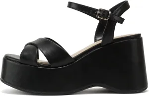 Soda “TECNO” ~ Women Square Toe Crisscross Upper High Heeled Wedge Sandal with Adjustable Ankle Strap