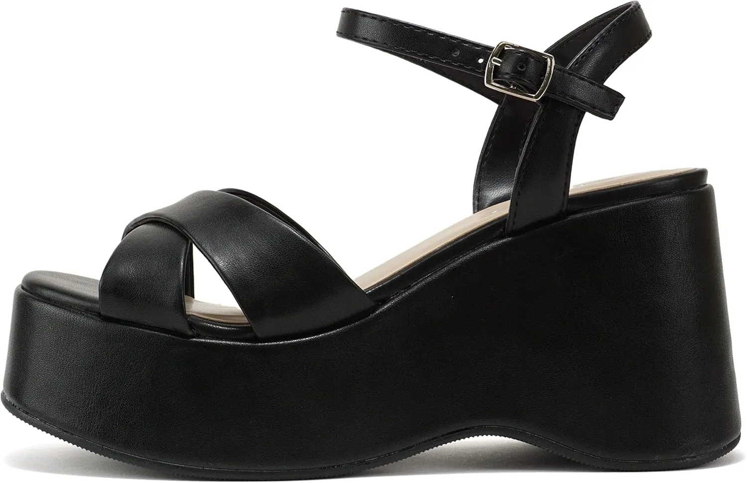 Soda “TECNO” ~ Women Square Toe Crisscross Upper High Heeled Wedge Sandal with Adjustable Ankle Strap