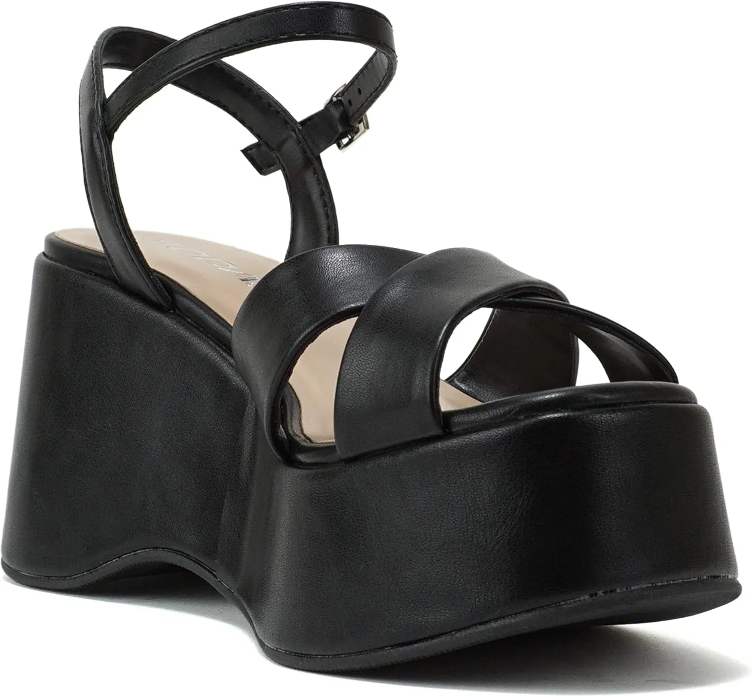 Soda “TECNO” ~ Women Square Toe Crisscross Upper High Heeled Wedge Sandal with Adjustable Ankle Strap