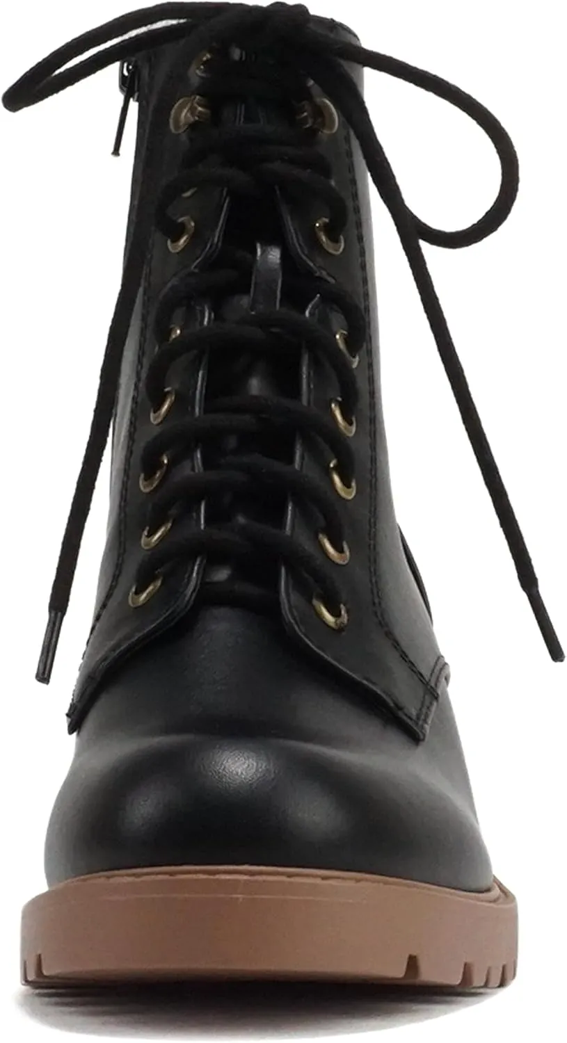 Soda “VELOUR” ~ Women Round Toe Lace-Up Lug Sole Medium Stack Heel Mid Shaft Combat Boot with Side Zipper