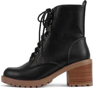 Soda “VELOUR” ~ Women Round Toe Lace-Up Lug Sole Medium Stack Heel Mid Shaft Combat Boot with Side Zipper