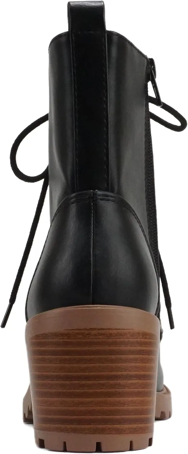 Soda “VELOUR” ~ Women Round Toe Lace-Up Lug Sole Medium Stack Heel Mid Shaft Combat Boot with Side Zipper