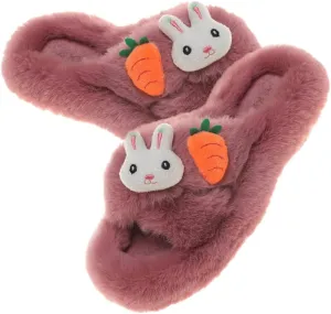 Soft Cozy Rabbit Carrot Slippers Open Toe Plush Slippers for Women Indoor Outdoor Shoes