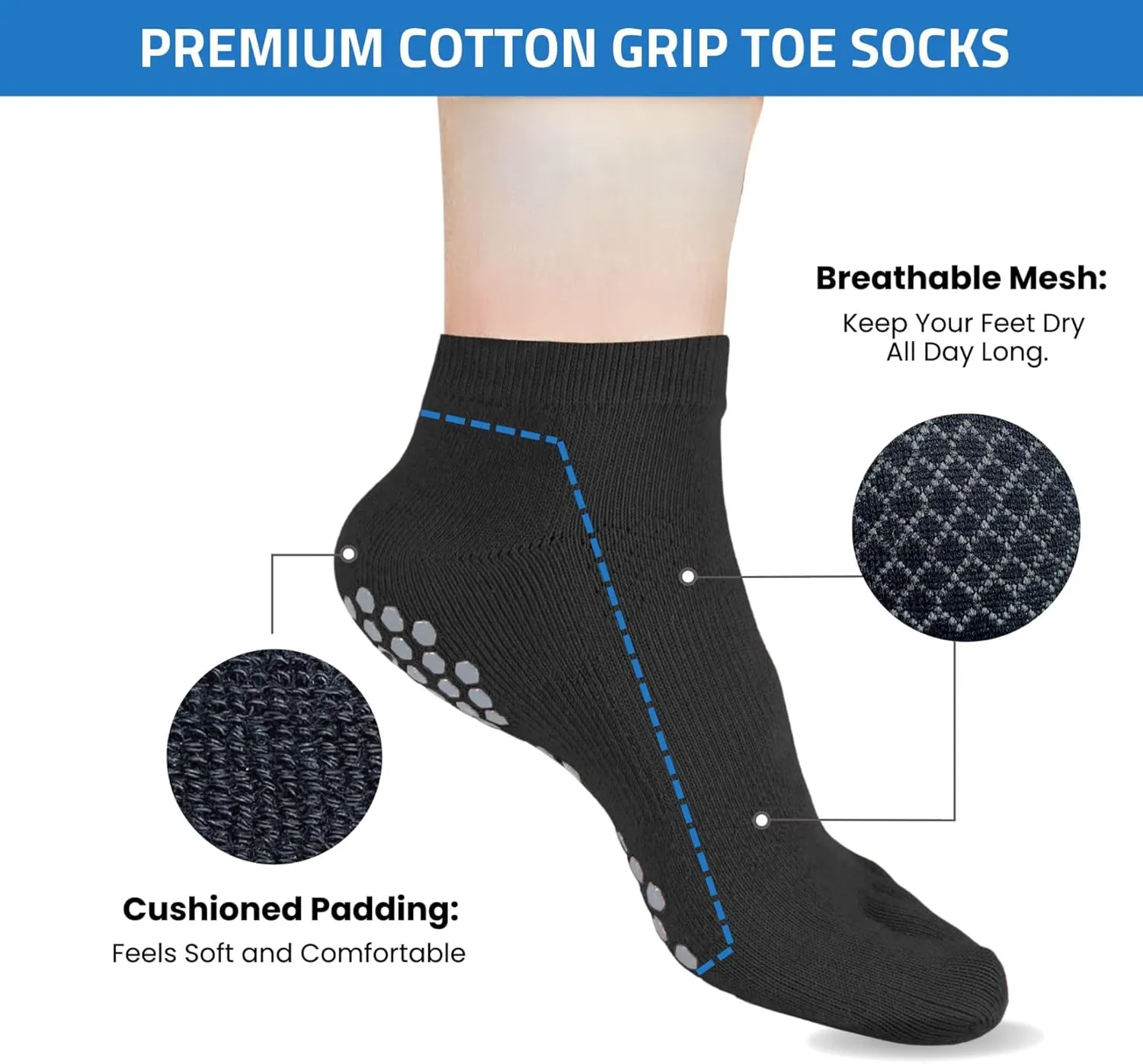 Soxsense Multi-Pack Sports Grip Toe Socks with Cushion, Non-Slip Finger Socks for Pilates, Home Gym, Soccer, basketball