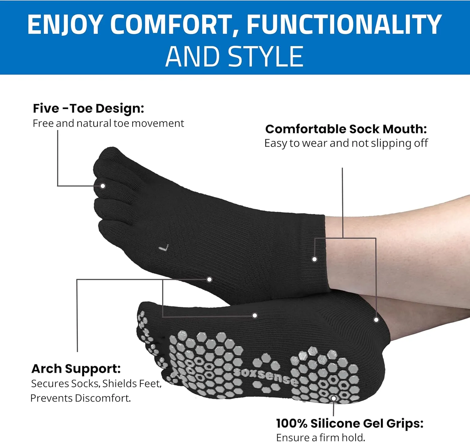 Soxsense Multi-Pack Sports Grip Toe Socks with Cushion, Non-Slip Finger Socks for Pilates, Home Gym, Soccer, basketball