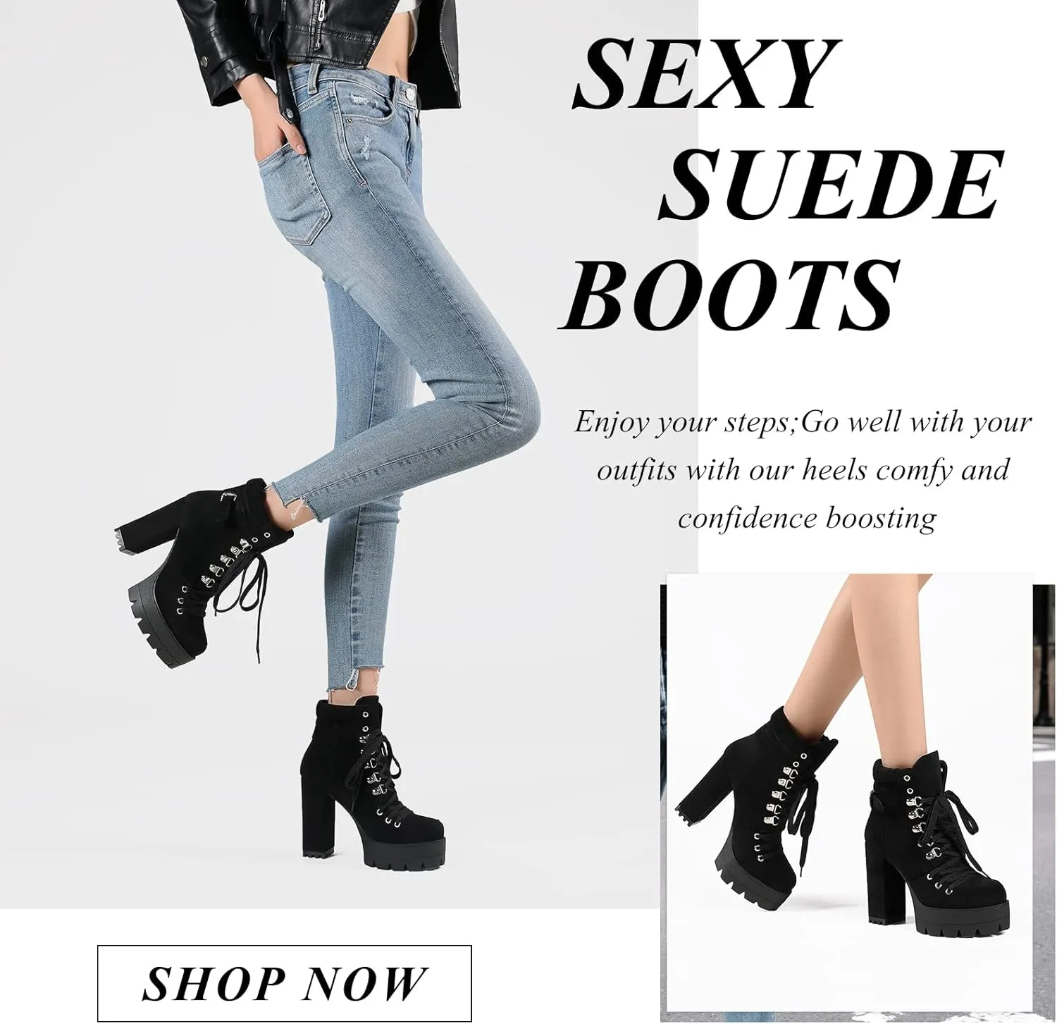 Susanny Sexy High Heels for Women Boots Round Toe Platform Booties Lace Up Suede Side Zipper Ankle Bootie
