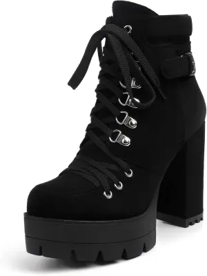 Susanny Sexy High Heels for Women Boots Round Toe Platform Booties Lace Up Suede Side Zipper Ankle Bootie