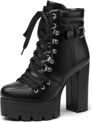 Susanny Sexy High Heels for Women Boots Round Toe Platform Booties Lace Up Suede Side Zipper Ankle Bootie