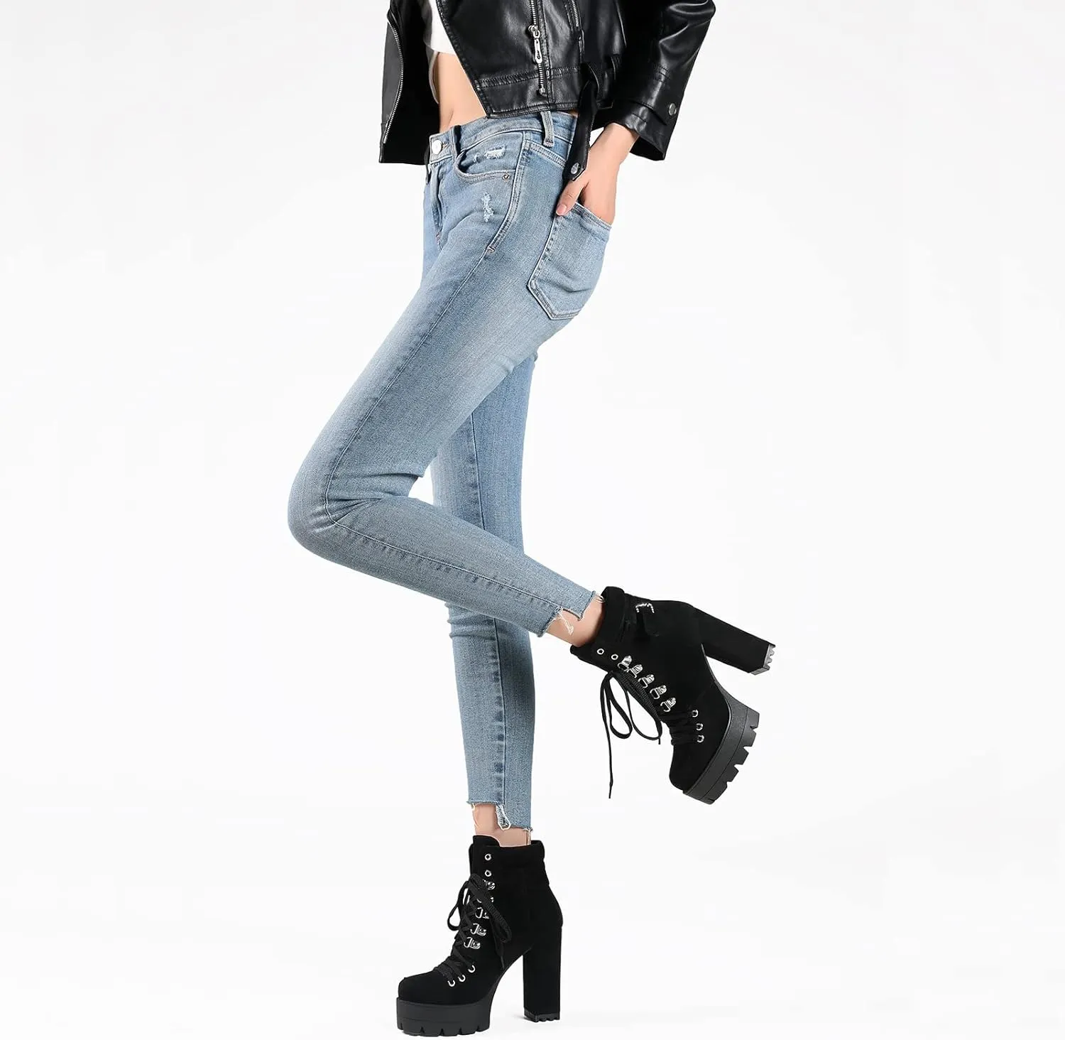 Susanny Sexy High Heels for Women Boots Round Toe Platform Booties Lace Up Suede Side Zipper Ankle Bootie