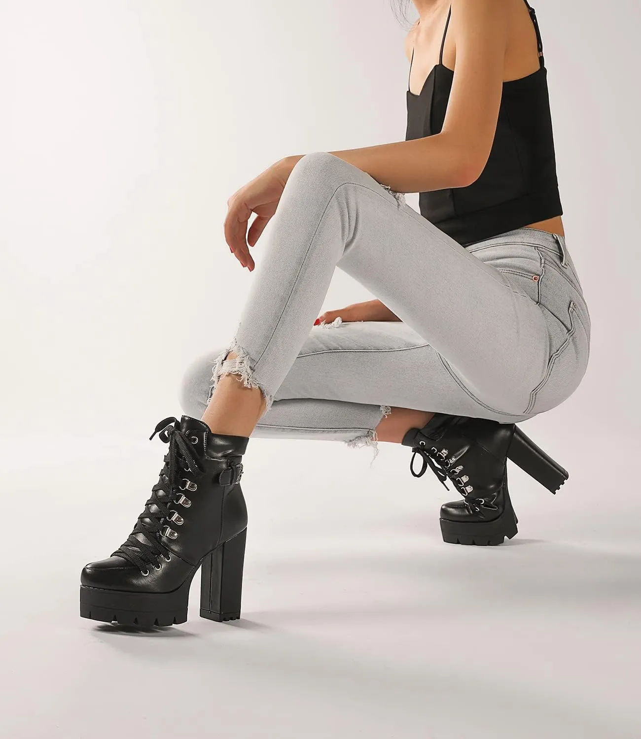 Susanny Sexy High Heels for Women Boots Round Toe Platform Booties Lace Up Suede Side Zipper Ankle Bootie