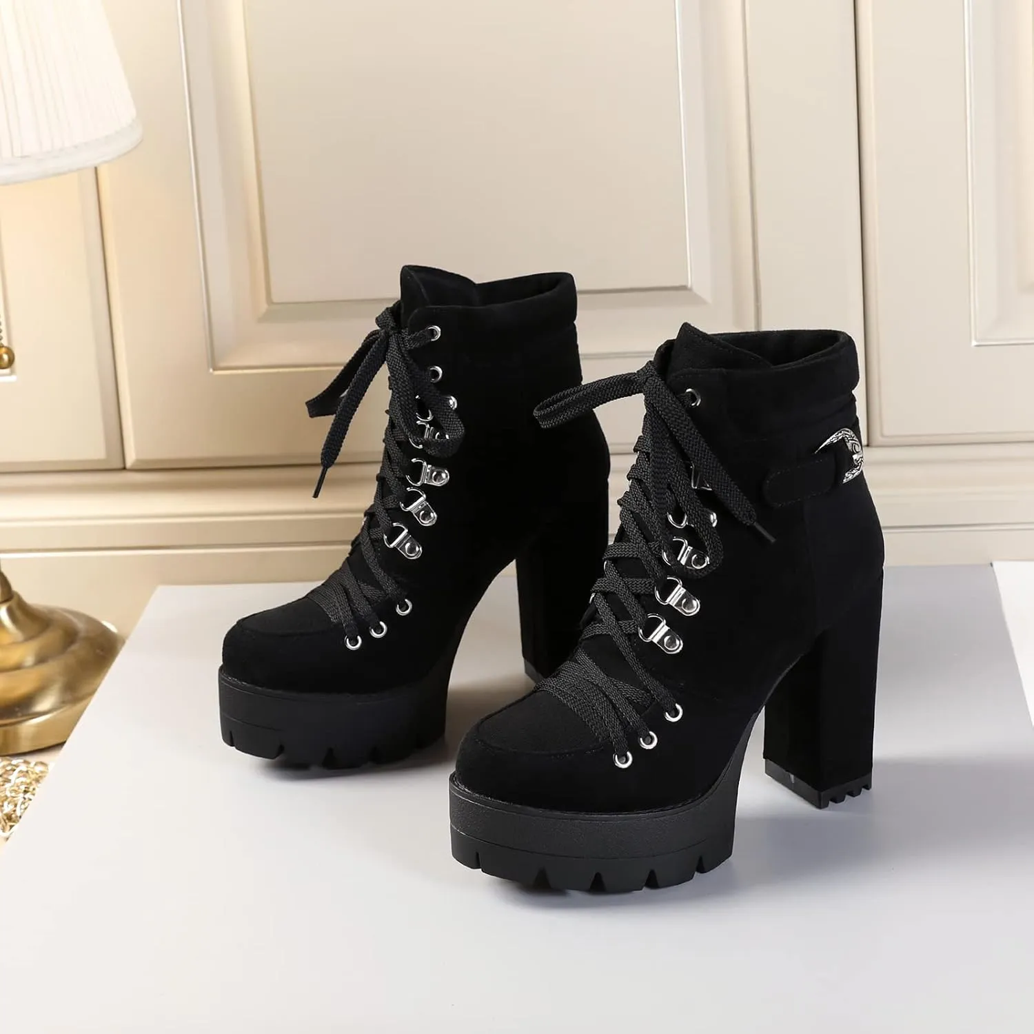 Susanny Sexy High Heels for Women Boots Round Toe Platform Booties Lace Up Suede Side Zipper Ankle Bootie