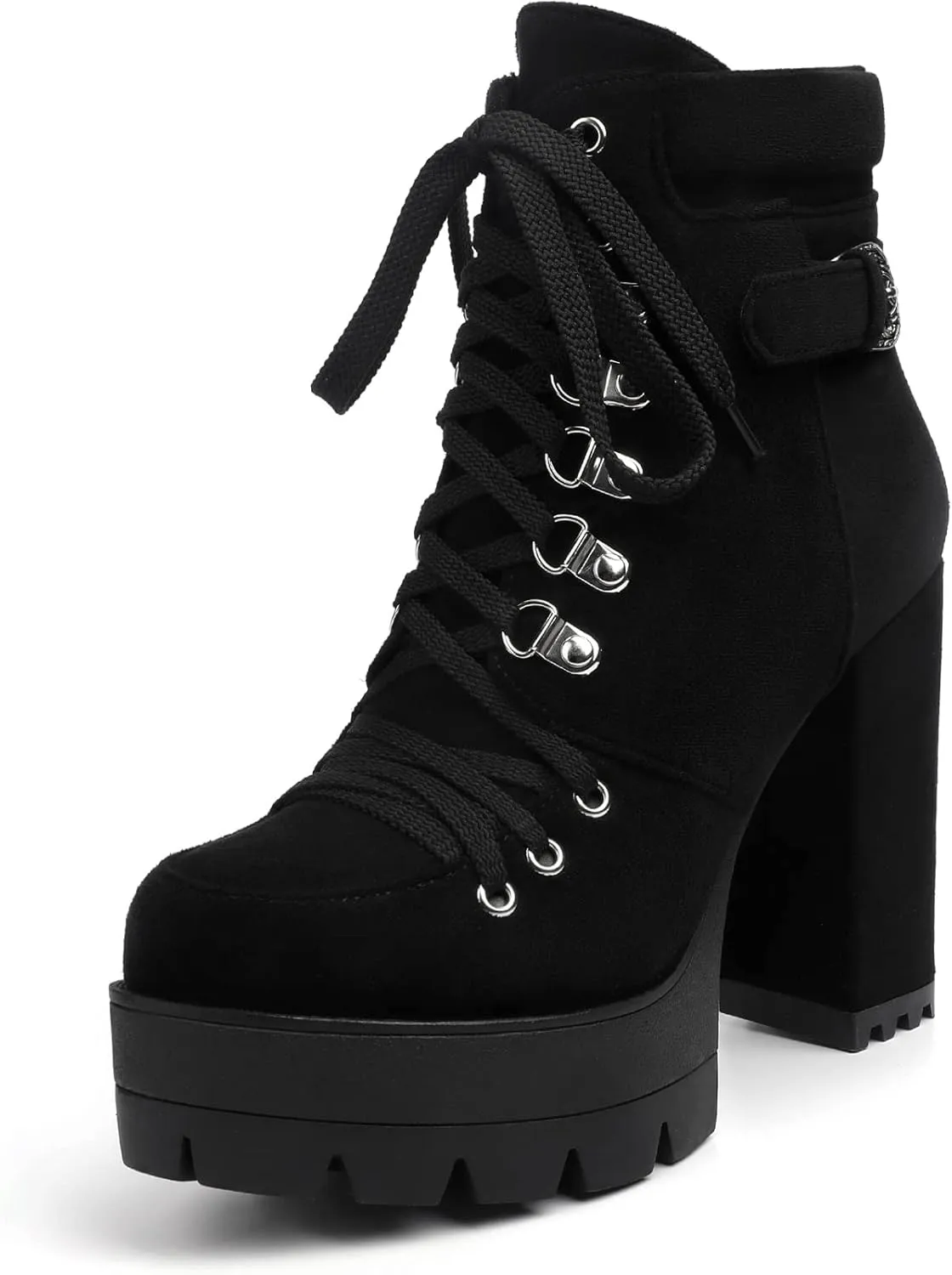 Susanny Sexy High Heels for Women Boots Round Toe Platform Booties Lace Up Suede Side Zipper Ankle Bootie