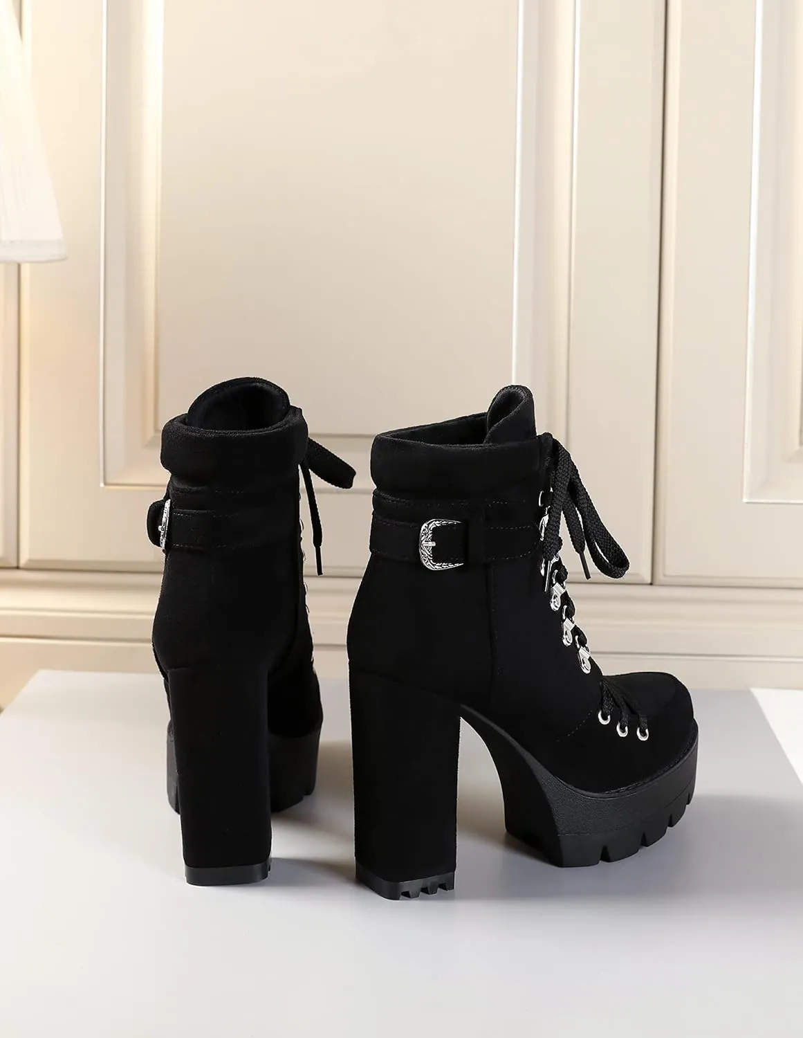 Susanny Sexy High Heels for Women Boots Round Toe Platform Booties Lace Up Suede Side Zipper Ankle Bootie