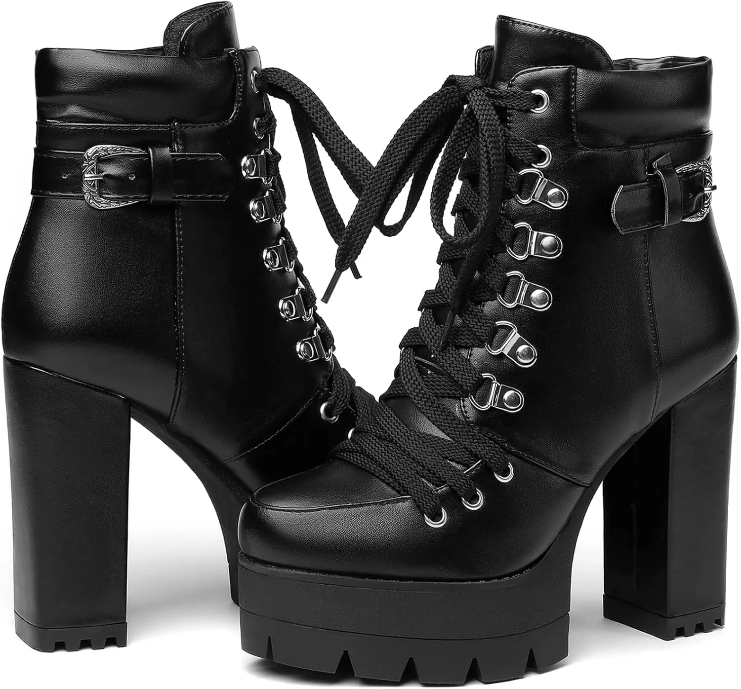 Susanny Sexy High Heels for Women Boots Round Toe Platform Booties Lace Up Suede Side Zipper Ankle Bootie