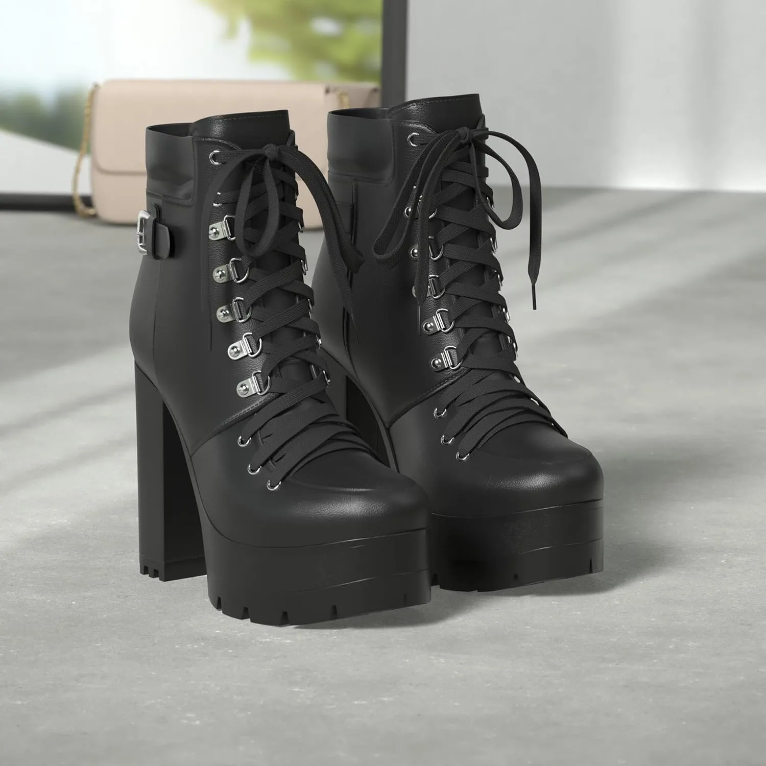 Susanny Sexy High Heels for Women Boots Round Toe Platform Booties Lace Up Suede Side Zipper Ankle Bootie