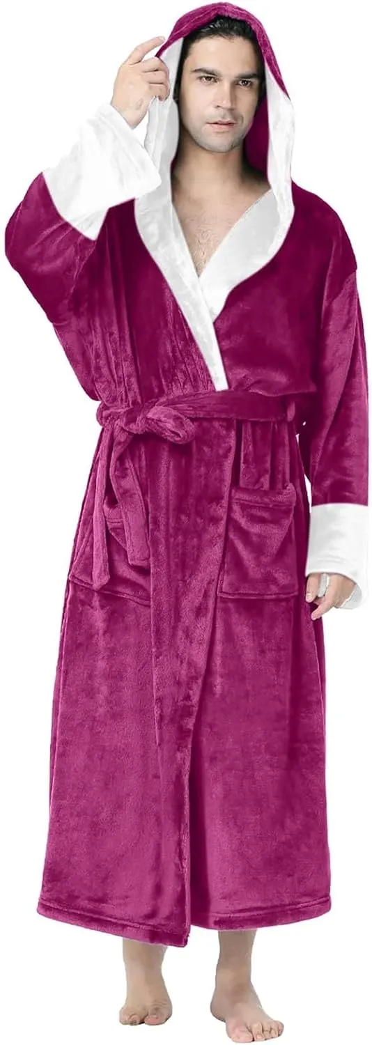 SUWBMHWE Mens Robe with Hood Long Soft Fluffy House Coat Lounge Robes Full Length Bathrobes men Plush Bathrobe Sleepwear