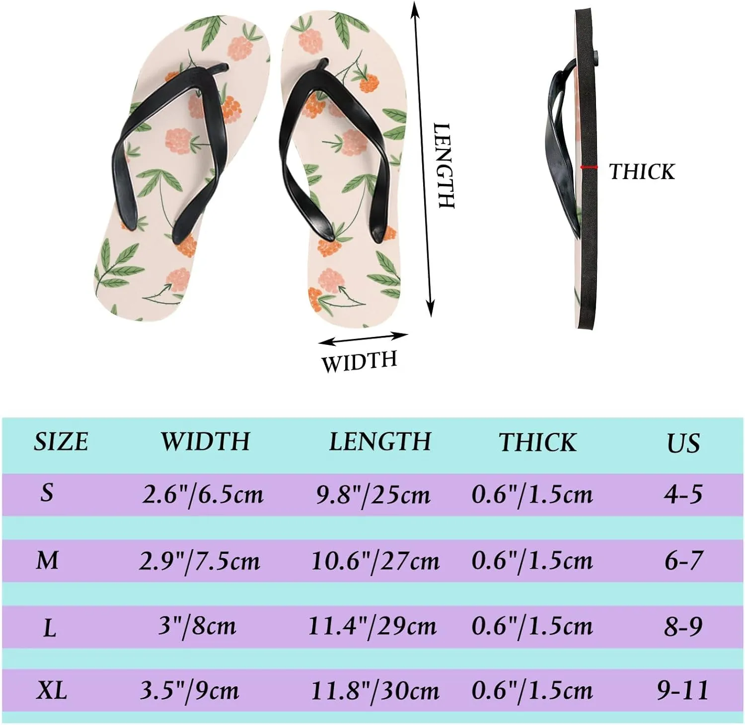 Thong Slippers Flip Flops for Women Pink Berries Leaves Casual Flat Slide Beach Slippers Sandals Shower Shoes