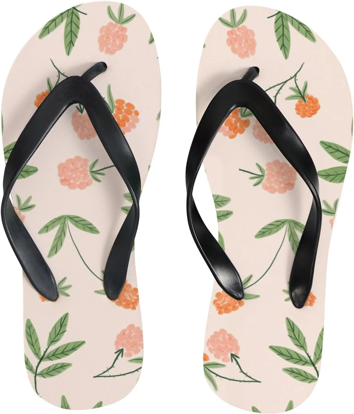 Thong Slippers Flip Flops for Women Pink Berries Leaves Casual Flat Slide Beach Slippers Sandals Shower Shoes