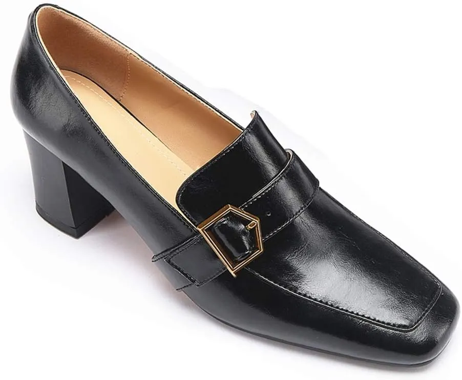 TinaCus Genuine Leather Women's Handmade Square Toe Mid Block Heel Slip On Graceful Oxford Loafer Pumps with Cool Buckle