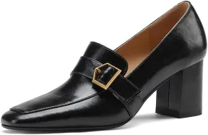 TinaCus Genuine Leather Women's Handmade Square Toe Mid Block Heel Slip On Graceful Oxford Loafer Pumps with Cool Buckle