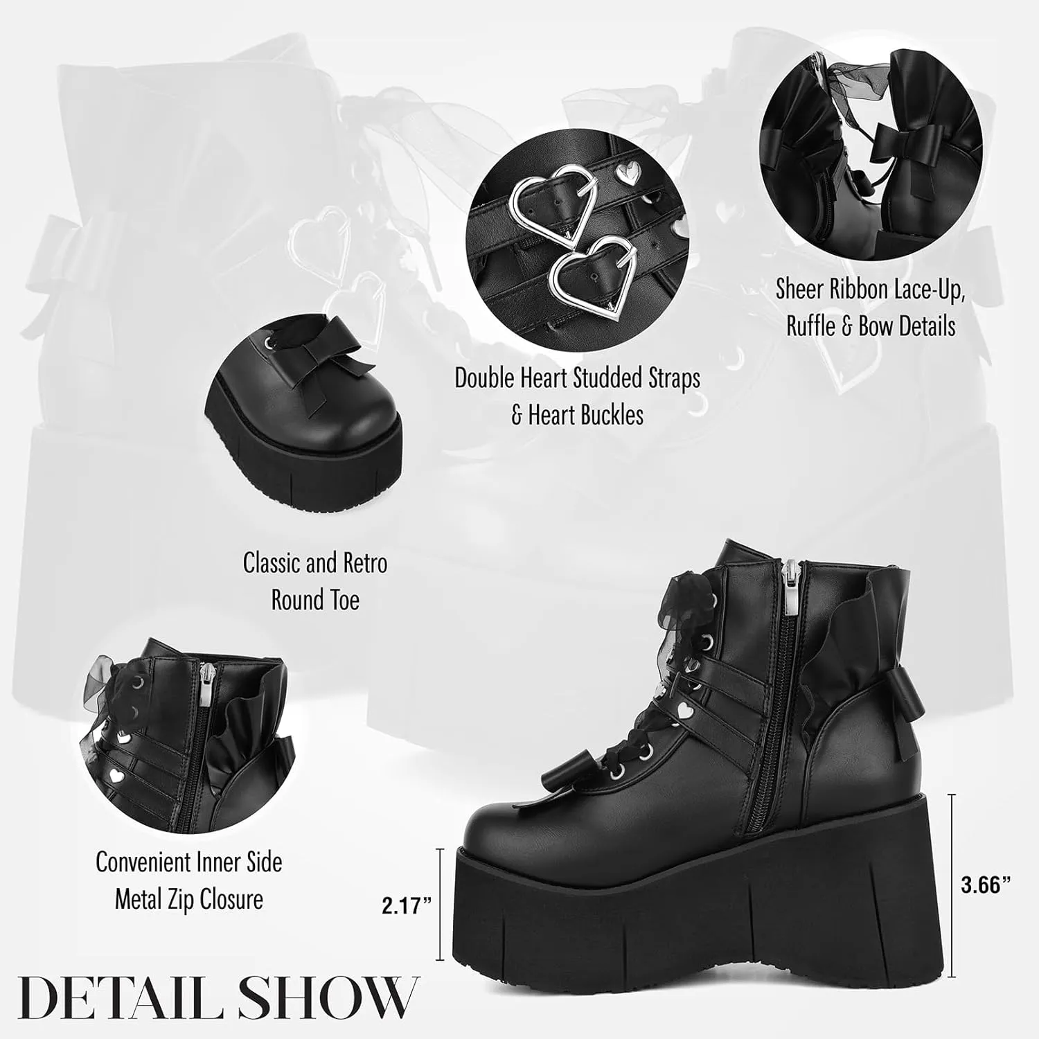 Tscoyuki Studs Platform Boots for Women Goth Rave Boots Round Toe Chunky Wedge Heel Combat Ankle Boot w/Side Zip Buckle Booties for Concert
