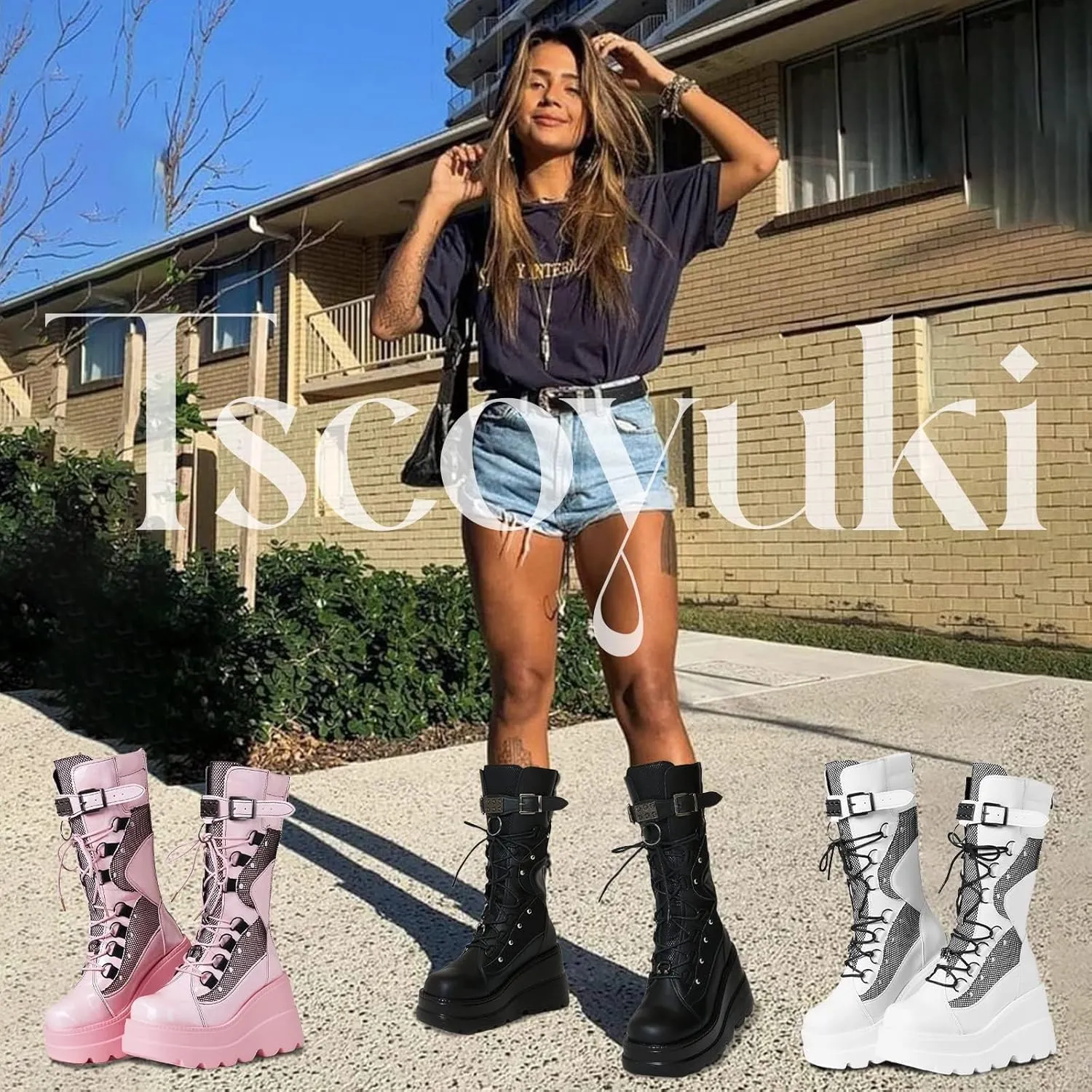 Tscoyuki Womens Goth Platform Boots Chunky Wedge Heel Rave Combat Boots Lace Up and Zipper Round Toe Mid Calf Boot for Concert Festival