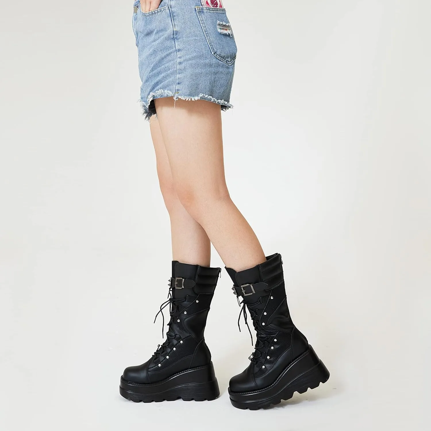 Tscoyuki Womens Goth Platform Boots Chunky Wedge Heel Rave Combat Boots Lace Up and Zipper Round Toe Mid Calf Boot for Concert Festival