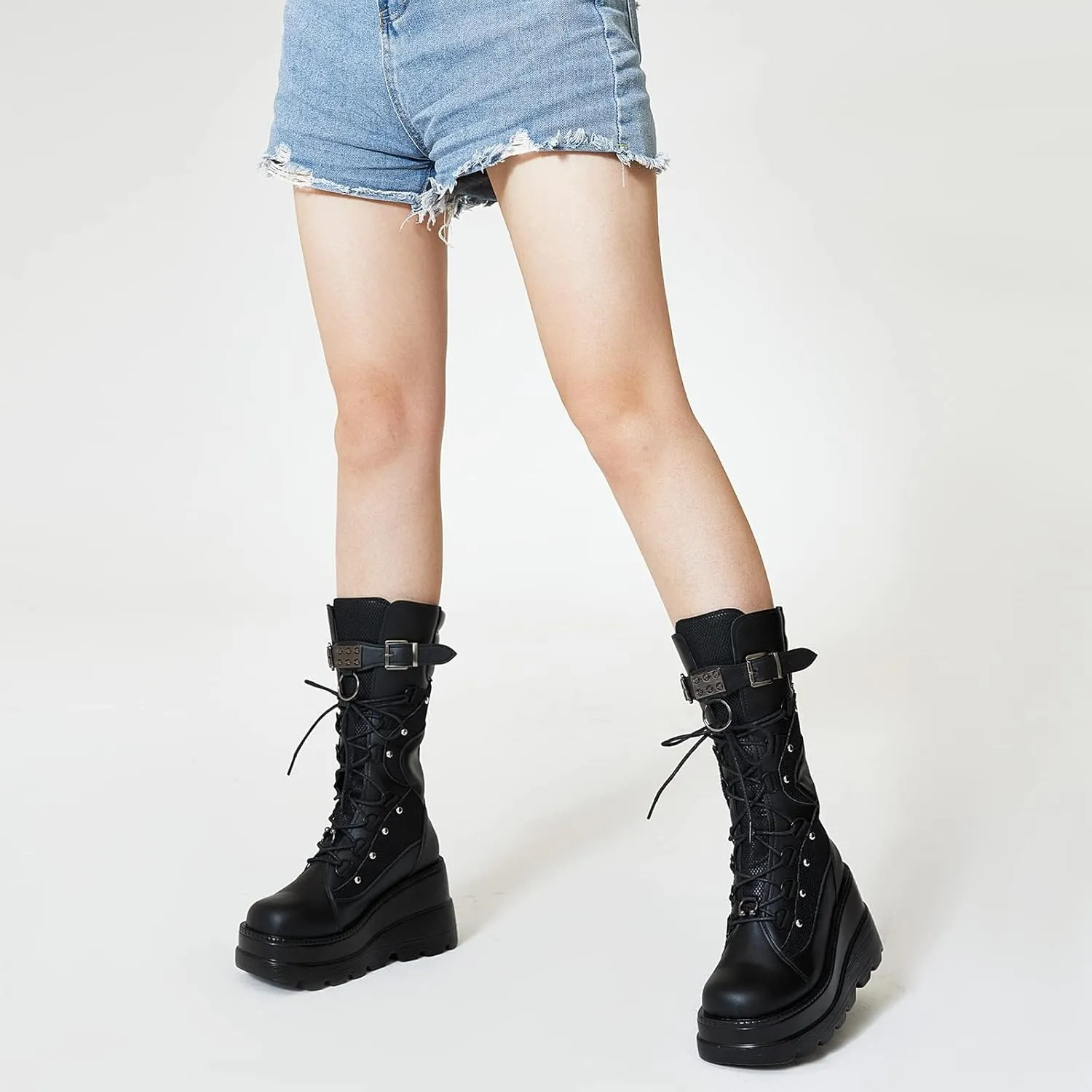Tscoyuki Womens Goth Platform Boots Chunky Wedge Heel Rave Combat Boots Lace Up and Zipper Round Toe Mid Calf Boot for Concert Festival
