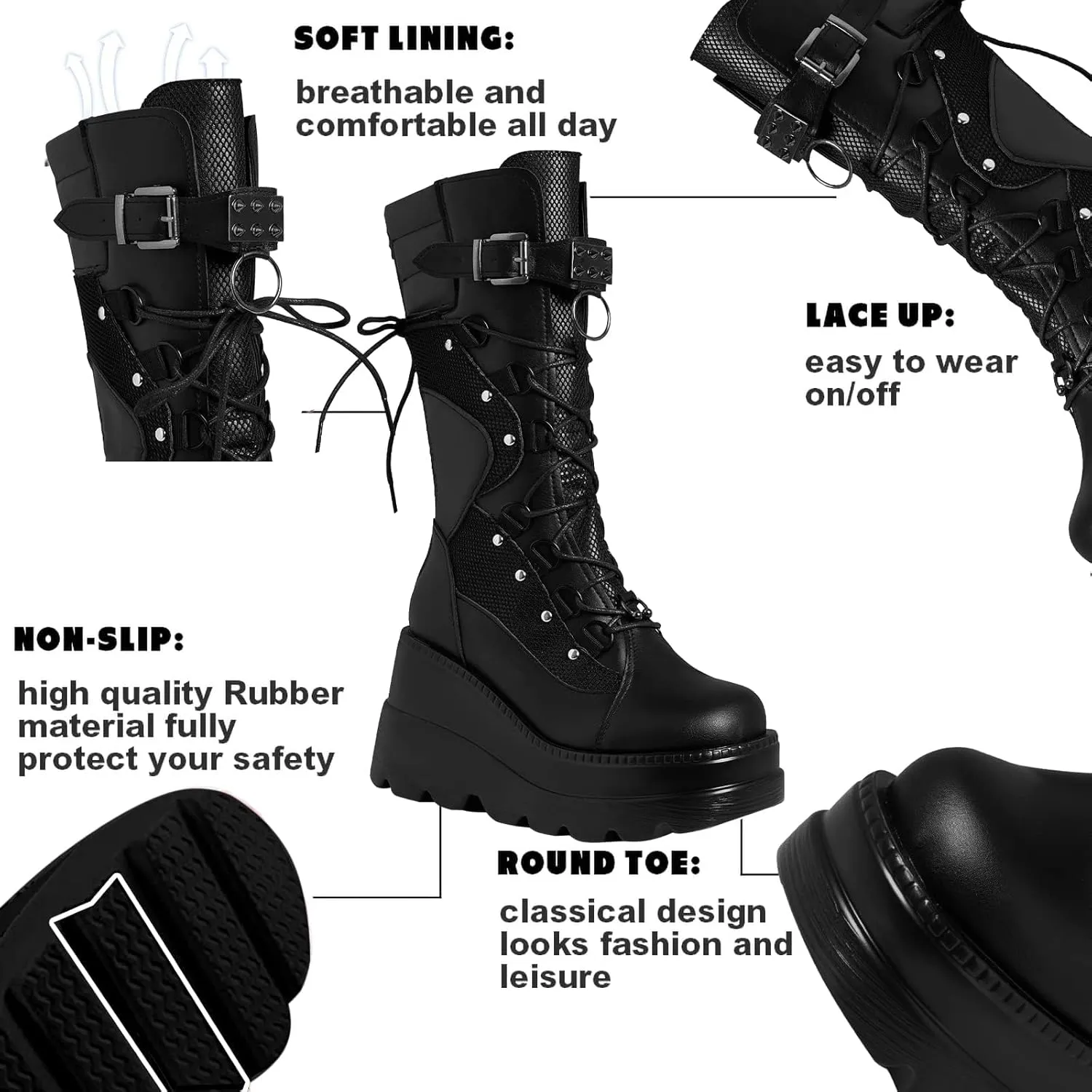 Tscoyuki Womens Goth Platform Boots Chunky Wedge Heel Rave Combat Boots Lace Up and Zipper Round Toe Mid Calf Boot for Concert Festival