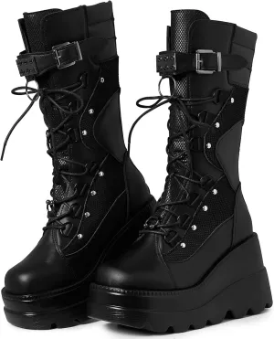 Tscoyuki Womens Goth Platform Boots Chunky Wedge Heel Rave Combat Boots Lace Up and Zipper Round Toe Mid Calf Boot for Concert Festival