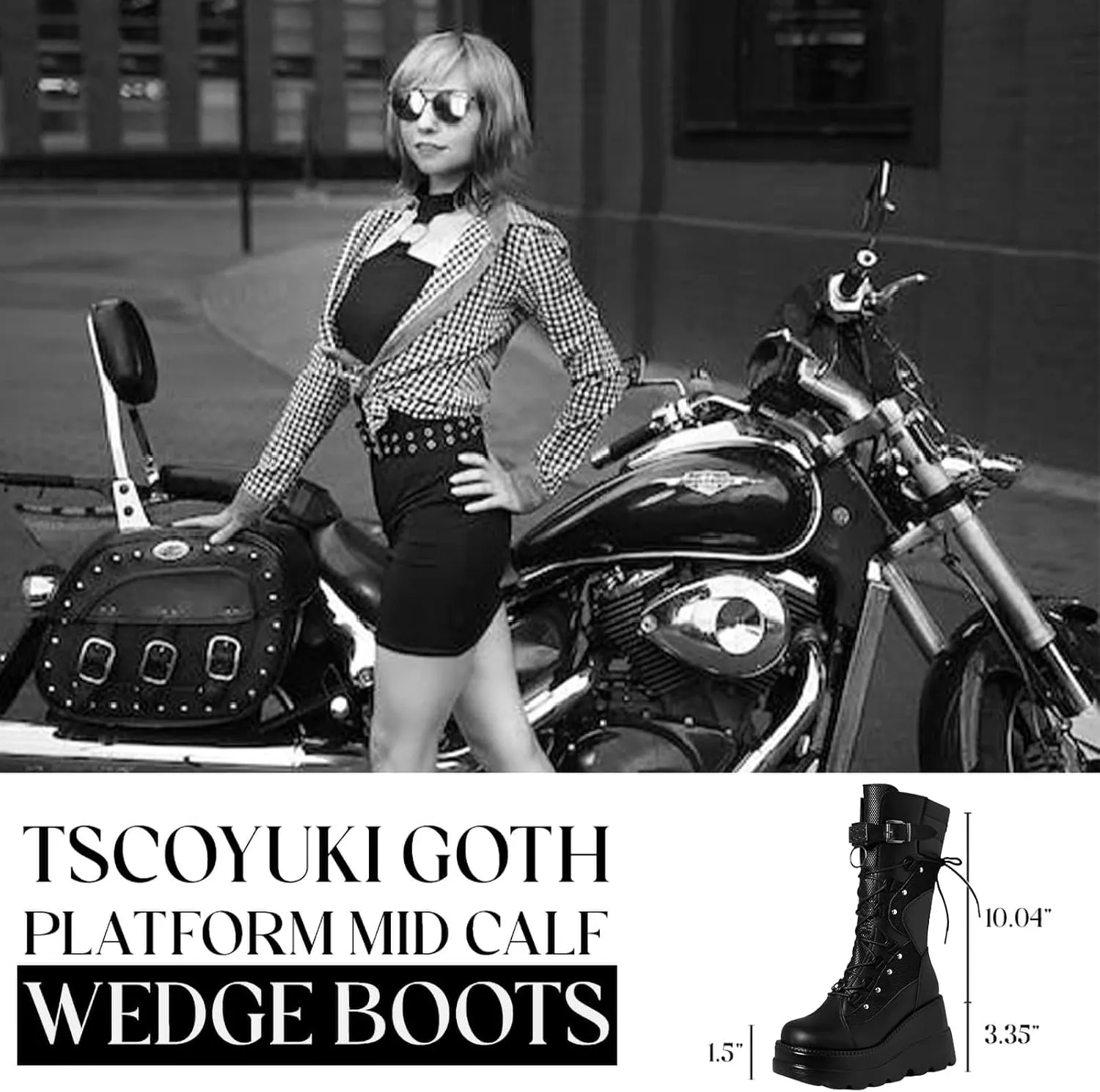 Tscoyuki Womens Goth Platform Boots Chunky Wedge Heel Rave Combat Boots Lace Up and Zipper Round Toe Mid Calf Boot for Concert Festival
