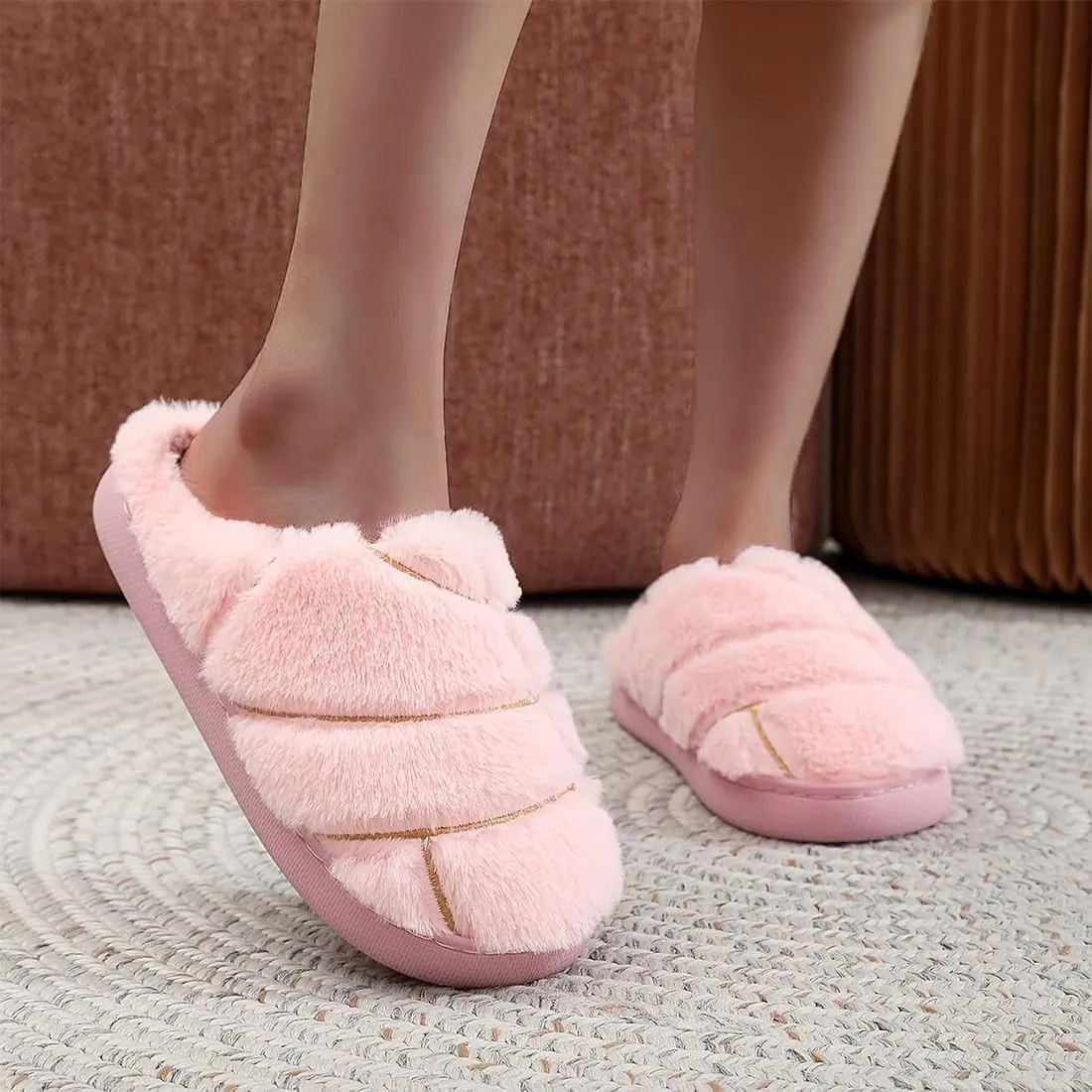 Unisex Adult Concha Slippers - Pink, Faux Fur, Memory Foam, Casual, Round Toe, Pull-On