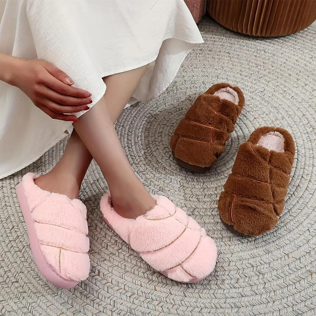 Unisex Adult Concha Slippers - Pink, Faux Fur, Memory Foam, Casual, Round Toe, Pull-On